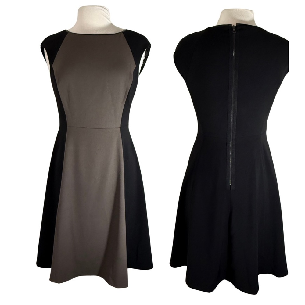 T Tahari Sz 6 Dress Black & Brown Above Knee Flare Skirt Sleeveless Colorblock